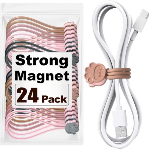 Cute Cat Paw Magnetic Cable Ties – 24 Pack, Reusable Silicone Cord Organizers for Home & Office, Strong Magnetic Hold, Double-Sided Colors, Perfect for Cable Management and Gift Idea