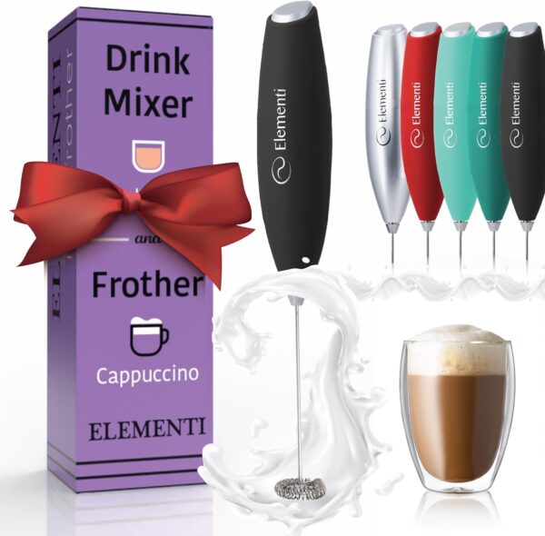 Elementi Drink Mixer Handheld - Electric Stirrer and Powerful Protein Powder Mixer Wand, Easy-to-Use Mini Frother Wand for Quick Delicious Cocktails, Milk Frother and Coffee Stirrers (Black) 1