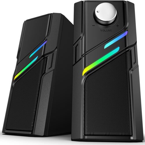 LENRUE Computer Speakers for Desktop PC with Easy Knob, Clear Powerful Sound, Touch Lights, Plug and Play for Computer Desktop PC, Monitors, Laptop (USB & AUX)