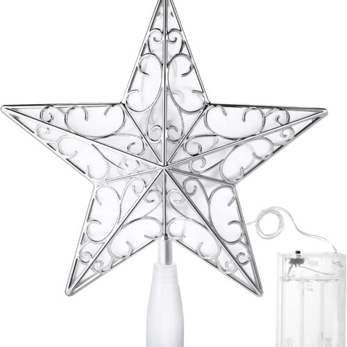 Christmas Star Tree Topper 10.4 x 9.4 Inch Large 3D Glitter Topper Ornament Metal Hollowed with 20 LED Lights Vintage Xmas Reflector Treetop New Year Holiday Indoor Decor(Silver White)
