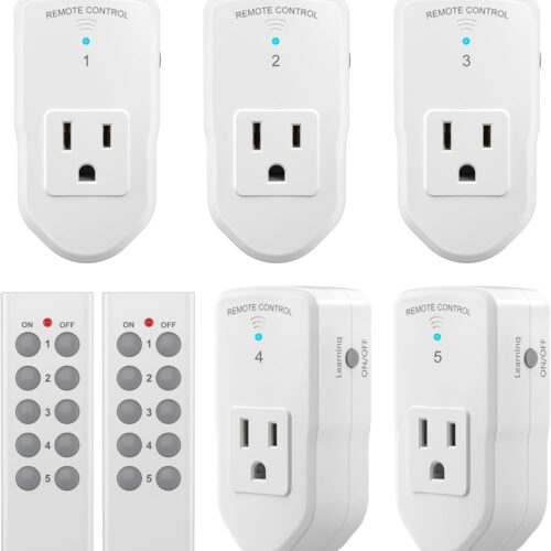 Wireless Remote Control Outlet Electrical Switch for Lights, Fans, Christmas Lights, Small Appliance, 100ft Long Range White (Learning Code, 5Rx-2Tx) 1200W/10A, ETL & FCC Certified