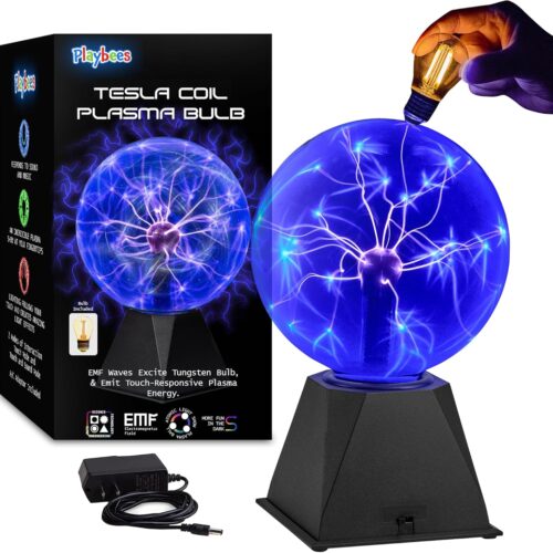 Blue Plasma Ball - 7 Inch - Tesla Coil Bulb Static Electricity in a Vacuum Pressurized Glass Globe, Nebula, Thunder Lightning, Plug-in - for Parties, Decorations, Prop, STEM