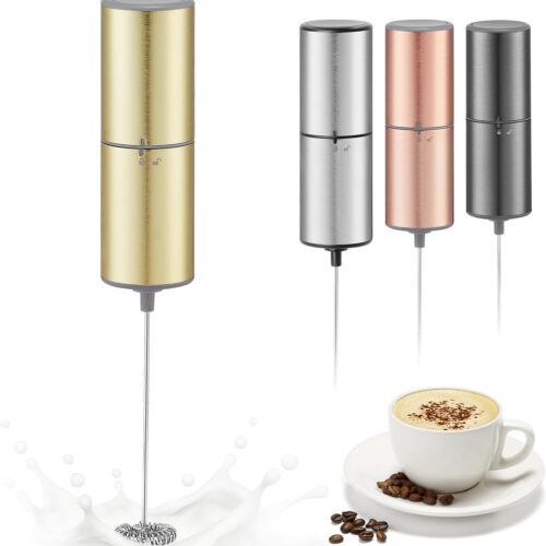 Battery Operated Coffee Frother by ELMWAY, Stainless Steel Electric Whisk, Mini Milk Frother Handled for Coffee, Latte, Matcha and Protein Powder (Gold without Stand)