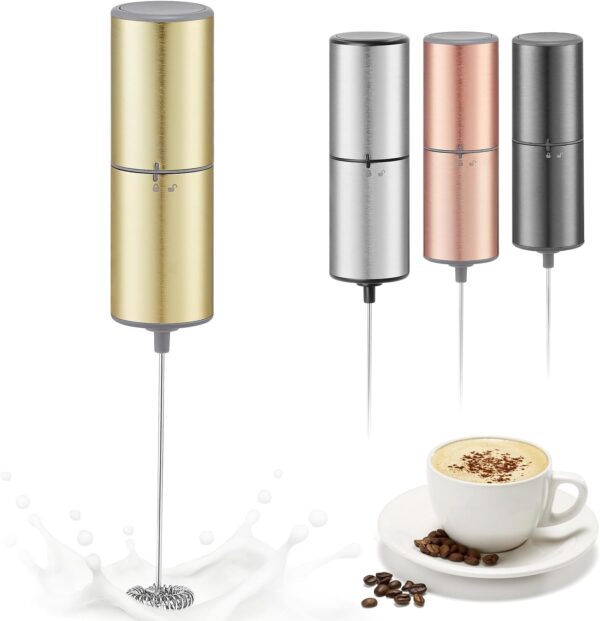 Battery Operated Coffee Frother by ELMWAY, Stainless Steel Electric Whisk, Mini Milk Frother Handled for Coffee, Latte, Matcha and Protein Powder (Gold without Stand) 1