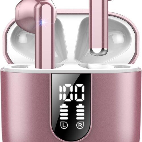 Wireless Earbuds, Bluetooth 5.4 Headphones HiFi Stereo, Bluetooth Earbuds with ENC Noise Cancelling Mic, 36H LED Display Ear Buds, IPX7 in Ear Earphones for Phone Tablet Laptop Sports, Rose Gold