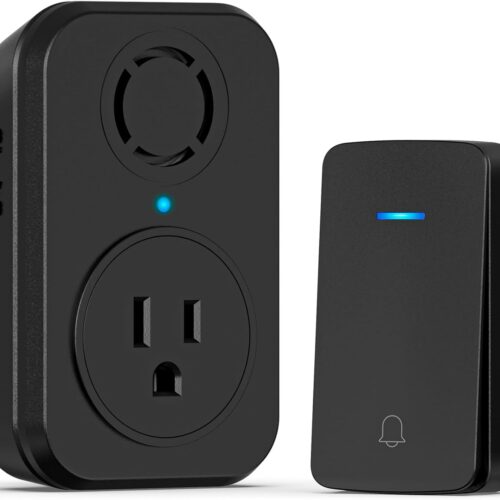 Wireless Doorbell, Self-powered Doorbell with Extra Socket, No Battery Required Push Button, Cordless Door Bell Ringer, 5 Volume Levels with 32 Doorbell Chimes (Black, 1 Button & 1 Receiver)