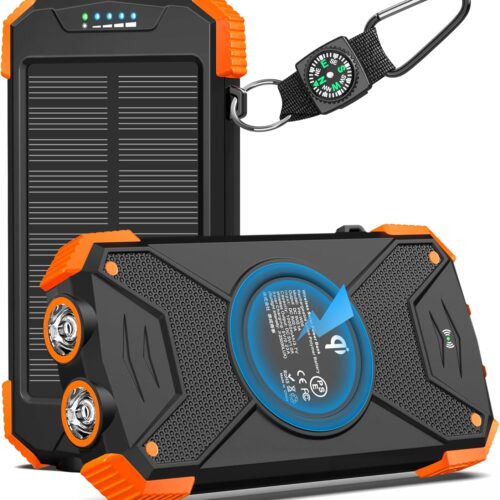 Solar Charger Power Bank 10,000mAh, Portable Wireless Charger, 20W Fast Charging External Battery Pack with USB C for Cell Phones, Solar Panel Charger with Dual Flashlight for Camping
