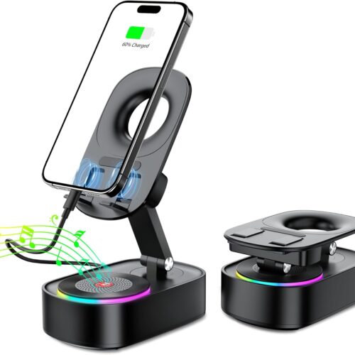 Wireless Induction Speaker,Cell Phone Stand with Wireless Bluetooth Speaker,5 in1 iPhone Holder with Colorful Light,Emergency Rechargeable Stand for Tablet iPhone Android Phone, Gifts for Men Women