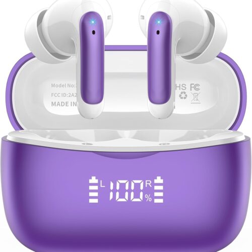 Wireless Earbuds,2025 Bluetooth 5.3 Headphones In Ear with 4 HD microphone, 56H Playtime, HIFI Stereo In Ear Earphones, IPX7 Waterproof Bluetooth Earbuds, LED Display, USB-C, Sport/Work/Leisure/Purple