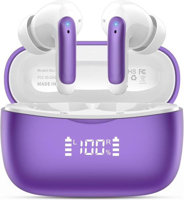 Wireless Earbuds,2025 Bluetooth 5.3 Headphones In Ear with 4 HD microphone, 56H Playtime, HIFI Stereo In Ear Earphones, IPX7 Waterproof Bluetooth Earbuds, LED Display, USB-C, Sport/Work/Leisure/Purple 1