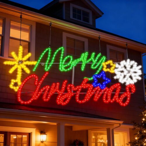 Outdoor Lighted Merry Christmas Snow Star Theme Sign Decoration 50" Extra Large Red and Green Waterproof LED Neon Pre Lit Display Christmas Garden Yard Window Wall Store Holiday Decoration
