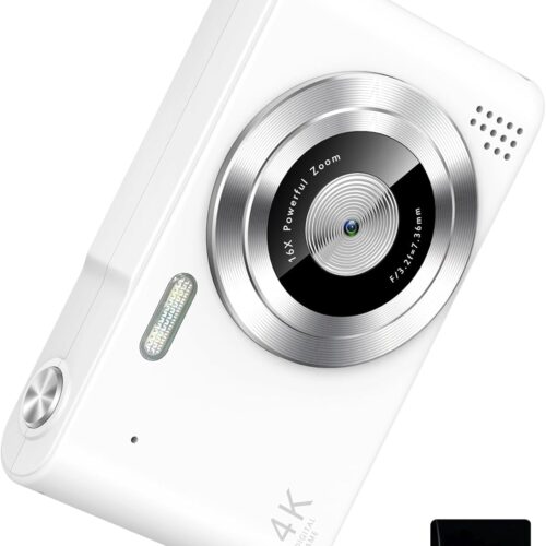 Digital Camera, Camera for Kids, UHD 4K 48MP Point and Shoot Digital Cameras with 64GB SD Card and 16X Digital Zoom Anti Shake, Compact Portable Small Gift for Boys Girls Students,White