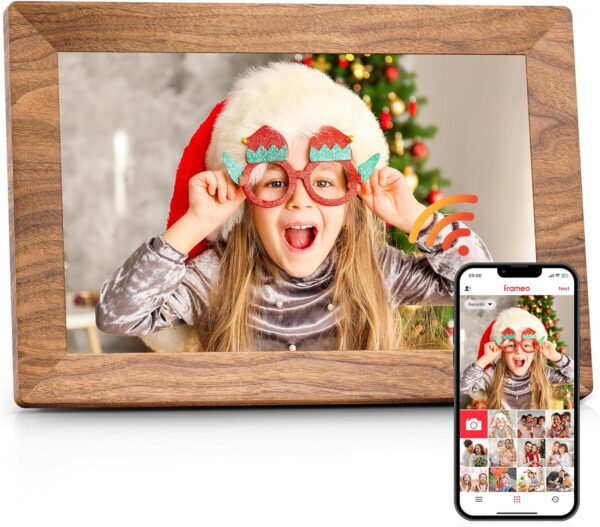 Frameo 10.1" Digital Picture Frame with 32GB Memory WiFi Electronic Photo Frame Wood 1280 x 800 IPS Touch Screen Auto-Rotate Slideshow Wall Mountable Share Photos/Video Remotely Anywhere 1