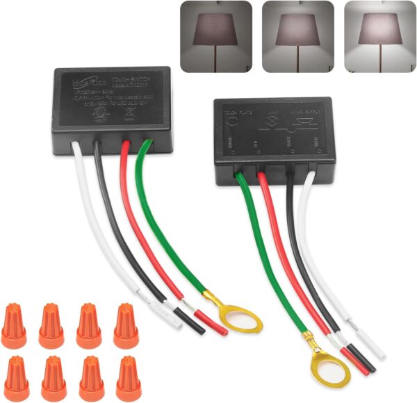 Touch Lamp Switch 2 Pack, Touch Lamp Control Module for Dimmable LED, Incandescent, Halogen Bulbs, Lamp Switch Replacement Kit, Touch Dimmer Sensor with 3 Levels Brightness and Wiring Caps 1