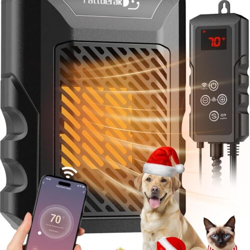 Dog House Heater,Pet House Heater with APP Remote&Thermostat,41°F/113°F Adjustable Temp 24H Timer Outdoor Pet Safe Heaters,500W IPX5 Waterproof Cat Heater Anti Chew Cord with WIFI