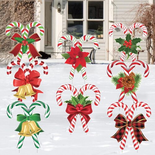Christmas Outdoor Decorations Candy Cane Yard Signs with Stakes Xmas Holiday Yard Decorations Candy Garden Sign Waterproof Corrugated Cardboard Lawn Signs for Xmas Pathway Walkway Decor (8)