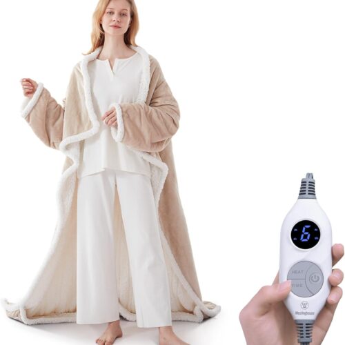 Electric Snuggle Throw Blankets with Foot Pocket, Wearable Heated Throw with Sleeves, 6 Heating Levels & 2 to 10 Hours Heating Time Settings, 50 * 70"+18", Beige