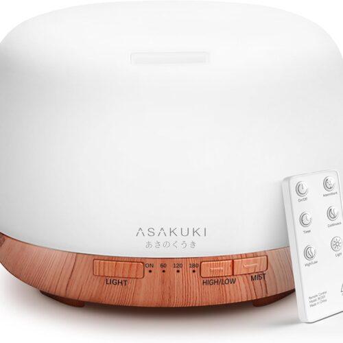 Essential Oil Diffuser 500ml, Ultrasonic Aromatherapy Humidifier with Remote Control, 7 LED Colors, Timer & Auto-Off, Large Room Diffuser