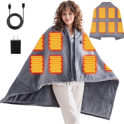 USB Portable Heated Electric Blanket - Cordless Heated Throw Blanket for Outdoor with 3 Heating Levels/Wearable Shawl Gifts for Travel,Camping,Bed, Marble Grey Standard(Battery Not Included)