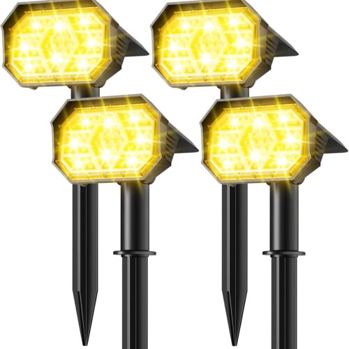 Solar Lights Outdoor with 58 LED & Auto ON/Off, IP67 Solar Spot Lights Outdoor with 3 Light Intensities. 2-in-1 Outdoor Solar Lights for Yard, Gardens, Flag and Pathways. 4Pcs (Warm White)