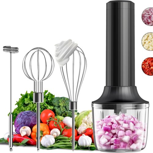 Electric Hand Mixer with MixgoII, Handheld Mixer Electric Whisk, Rechargeable Cordless Handheld Mixer & Milk Frother, Small Food Chopper for Dicing, Mincing, and Puree, 4-Speed, 10Oz