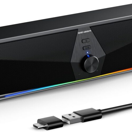 SENZER CS30 Bluetooth Computer Speakers for Desktop, USB Plug & Play PC Speakers with Dynamic LED Light, Stereo Sound Soundbar for Desktop Laptop Monitor (USB-C Adapter Included)
