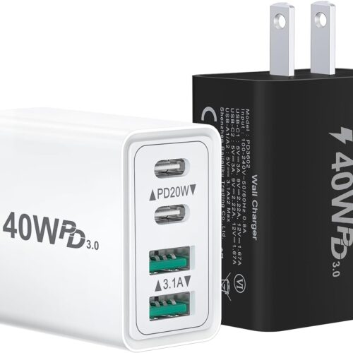 2-Pack USB C Wall Charger Block, 40W 4-Port USB-C Charging Block Fast Charge Dual Port PD & QC USB Wall Plug Multiport Type C Block USBC Cube Brick for iPhone 16 15 14 13 12 11 Pro Max, iPad, Samsung