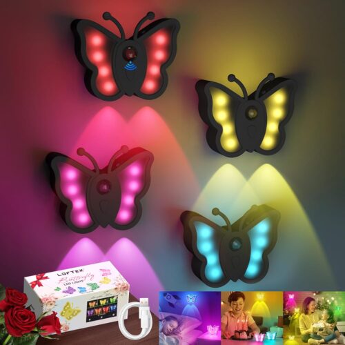 Rechargeable Motion Sensor Light, RGB Color Change & Dimmable Night Light, Cute Butterfly Light for Kids' Bedroom, Bathroom, Hallway, Tent & Stairs - Halloween Decor & Gift, Black of 4