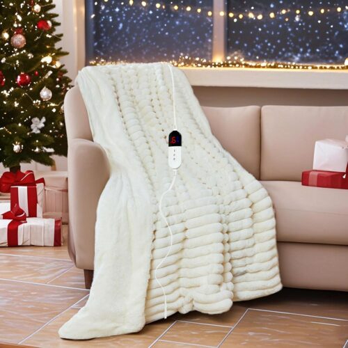Heated Electric Blanket Throw: 6-Level Fast Heating, 4-Hour Auto-Off, Soft&Warm Stripe Faux Rabbit Fur, for Couch Home Office, with Overheating Protection & ETL Certified(50 x 60,Milky White)