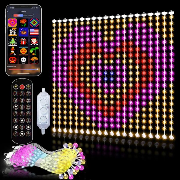 Smart Animated Curtain String Lights Remote APP Control 6.6 x 6.6Ft 400LED RGB Color Changing Waterproof DIY Hanging Window Fairy Light Programmable Music Sync for Christmas,Halloween,4th of July 1