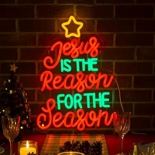 Jesus Is the Reason for the Season Christmas Neon Sign, USB Powered LED Wall Light, Festive Holiday Xmas Decor for Church, Home, Party, Bar & Gift