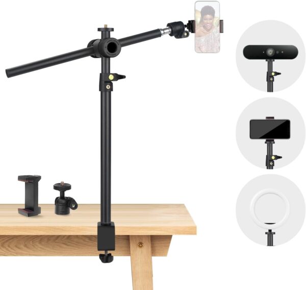 Overhead Camera Mount Desk Stand, Camera Arm Desk Mount Clamp Stand with 360°Adjustable Magic Arm, Webcam Arm Mount Stand w Ballhead Phone Mount for Desk Logitech Microphone Video Light Cell Phone 1