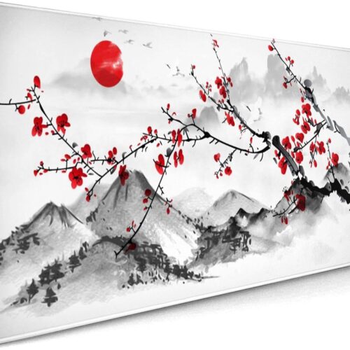Extended Large Gaming Mouse Pad 35.4 X 15.7 Inch XXL Full Desk Japanese Art Style Cherry Blossom & Sakura Mousepad Non-Slip Rubber Base Big Keyboard Mat with Stitched Edges for Home Office