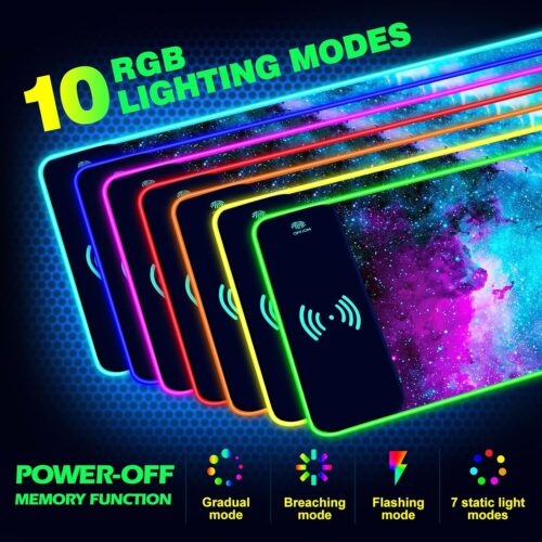 Wireless Charging RGB Gaming Mouse Pad 15W, Extended LED Desk Mat Protector 800x300x4MM, 14 Light Modes Extra Large Mousepad Non-Slip Rubber Base Desk Mat, Galaxy Nebula Universe
