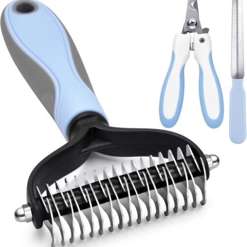 Deshedding Dog Brush - Undercoat Rake for Cats & Dogs - Double Sided Brush for Shedding and Dematting Comb Grooming Tool kit - Nail Clipper & Nail File