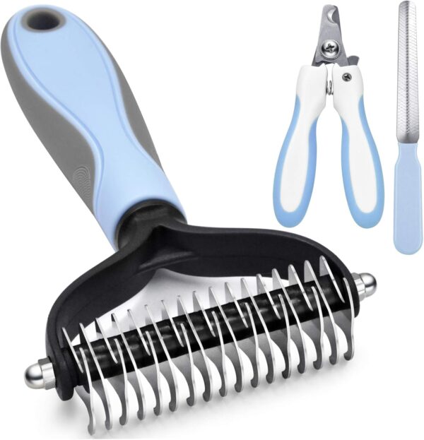 Deshedding Dog Brush - Undercoat Rake for Cats & Dogs - Double Sided Brush for Shedding and Dematting Comb Grooming Tool kit - Nail Clipper & Nail File 1