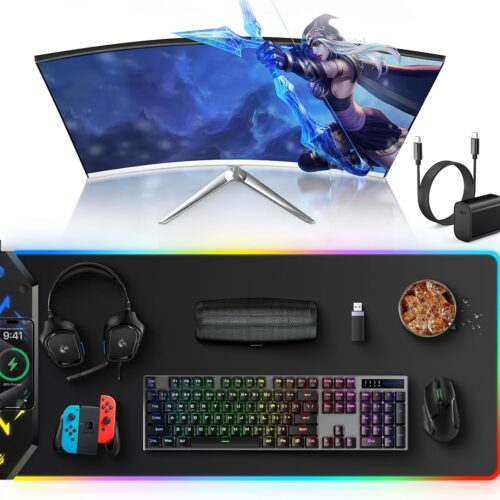 Wireless Charging Mouse Pad, RGB Gaming Mousepad, 35.4" x 15.8" Extra Large Waterproof Keyboard Desk Pad, Cool Computer Desk Mat, Black (Includes 20W PD Power Adapter & 6.56ft Woven Cable)