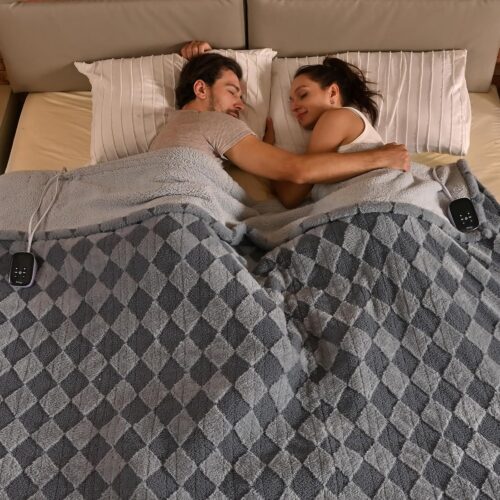Heated Blanket King Size 100" x 90" Dual Controller Electric Blanket Gray Teddy Faux Fur& Warm Sherpa Heating Blanket 10-Heat Levels& 1-12H Auto Off, ETL, Machine Washable, Gift Box