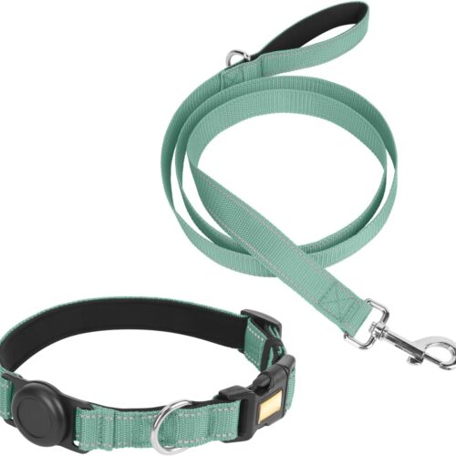 Dog Collar and Leash Set with AirTag Holder, Reflective & Adjustable, Soft Padded Pet Collar for Small Medium Large Dogs – No Pull, Comfortable, and Safe for Daily Walks (Green, Medium)