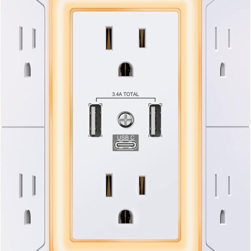 Multi Plug 6 Outlet Surge Protector Extender with 3 USB Ports (1 USB C) and Night Light, 3-Sided Power Strip with Adapter Spaced Outlets, ETL Listed, White