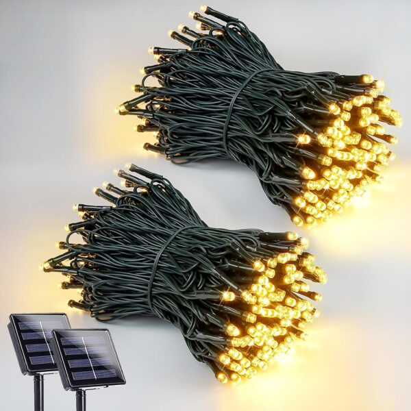 2 Pack 200 LED Solar String Lights for Outside, Solar Christmas Lights Outdoor Waterproof, Solar Outdoor String Light with 8 Lighting Modes for Xmas Tree Wedding Party Garden Decorations (Warm White) 1
