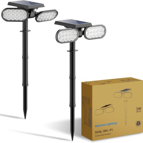 Motion Solar Lights Outdoor,Ground Spotlight or Wall Security Light,Motion Sensor Stay On Mode,Dusk to Dawn Floodlight,Cordless,360° Landscape Spotlight for Sidewalk Garage Driveway,2-Pack
