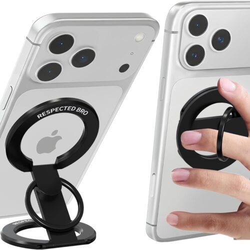Magnetic-Phone-Ring-Holder with Dual Rings, Compatible with iPhone 17/16/15/14/13/12, Multifunctional Stand for Desk, Office, Gym, Kitchen & All Metal Surfaces, Finger Loop Grip (Black)