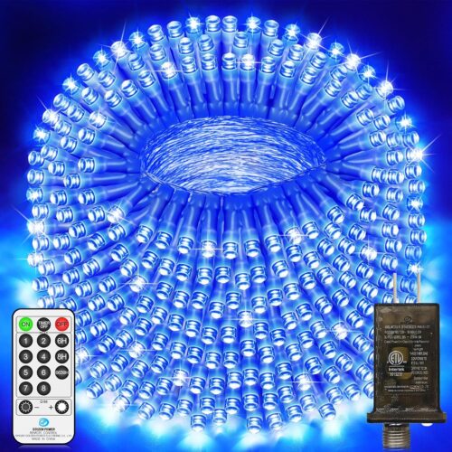 200 FT 500 LED Christmas Lights Outdoor Fairy Lights Plug in Extra Long String Lights Clear Wire Waterproof 8 Modes Timer for Outside House Tree Garden Yard Wedding Party Decorations-Blue
