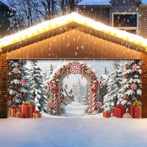 7x16 ft Christmas Candy Cane Garage Door Banner Cover Winter Snow Scene Outdoor Large Garage Door Decors Xmas Candyland Village Backdrop for Wall House Holiday Party Decor(Candy Cane)