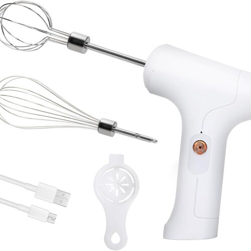 Cordless Hand Mixer, Handheld Electric Whisk with 3 Speed Modes, Hand Held Egg Beater with 2 Detachable Stir Whisks (White)
