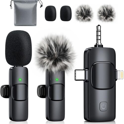 3-in-1 Mini Microphone for iPhone: Wireless Lavalier Microphones for iOS/Android Devices/Camera - Noise Reduction Lapel Mic - Clip on Mic for Video Recording, Multifunctional