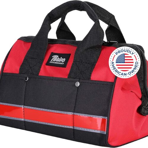 Car Emergency Kit & Roadside Emergency Car Kit - 104-Piece Set, Red Canvas Bag, Universal Fit - Jumper Cables, Escape Hammer & Tire Gauge - Road Trip Essentials & Emergency Supplies