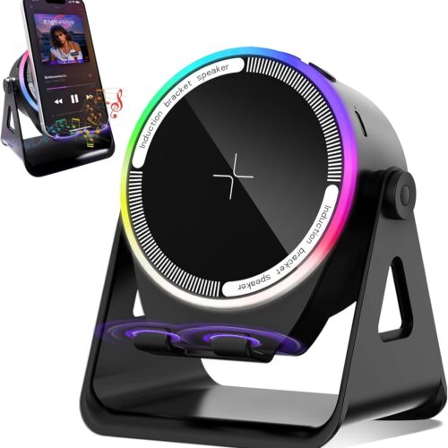 Induction Speaker 3-in-1 Bluetooth Speaker with Phone Stand,360° Adjustable Holder 8 RGB Light,Stereo Sound for iPhone/Android/iPad,Birthday Gift for Men Women