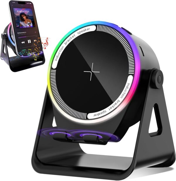 Induction Speaker 3-in-1 Bluetooth Speaker with Phone Stand,360° Adjustable Holder 8 RGB Light,Stereo Sound for iPhone/Android/iPad,Birthday Gift for Men Women 1